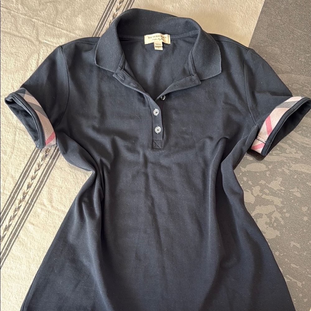 AUTHENTIC Burberry Black Polo Shirt with Striped Sleeves